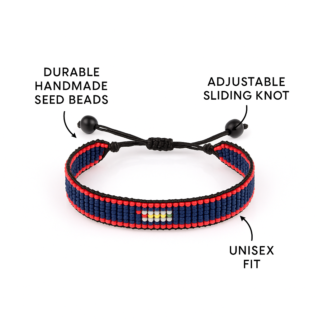 Belize Flag Bracelet: Handmade, with Adjustable Beaded String.