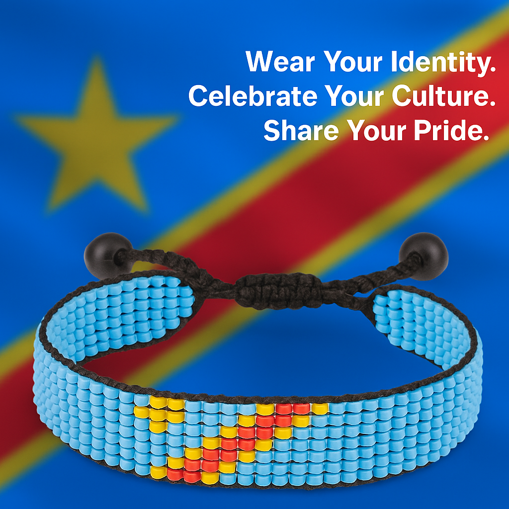 Congo Flag Bracelet:  Handmade Bracelet, Adjustable Beaded String with Patriotic Design