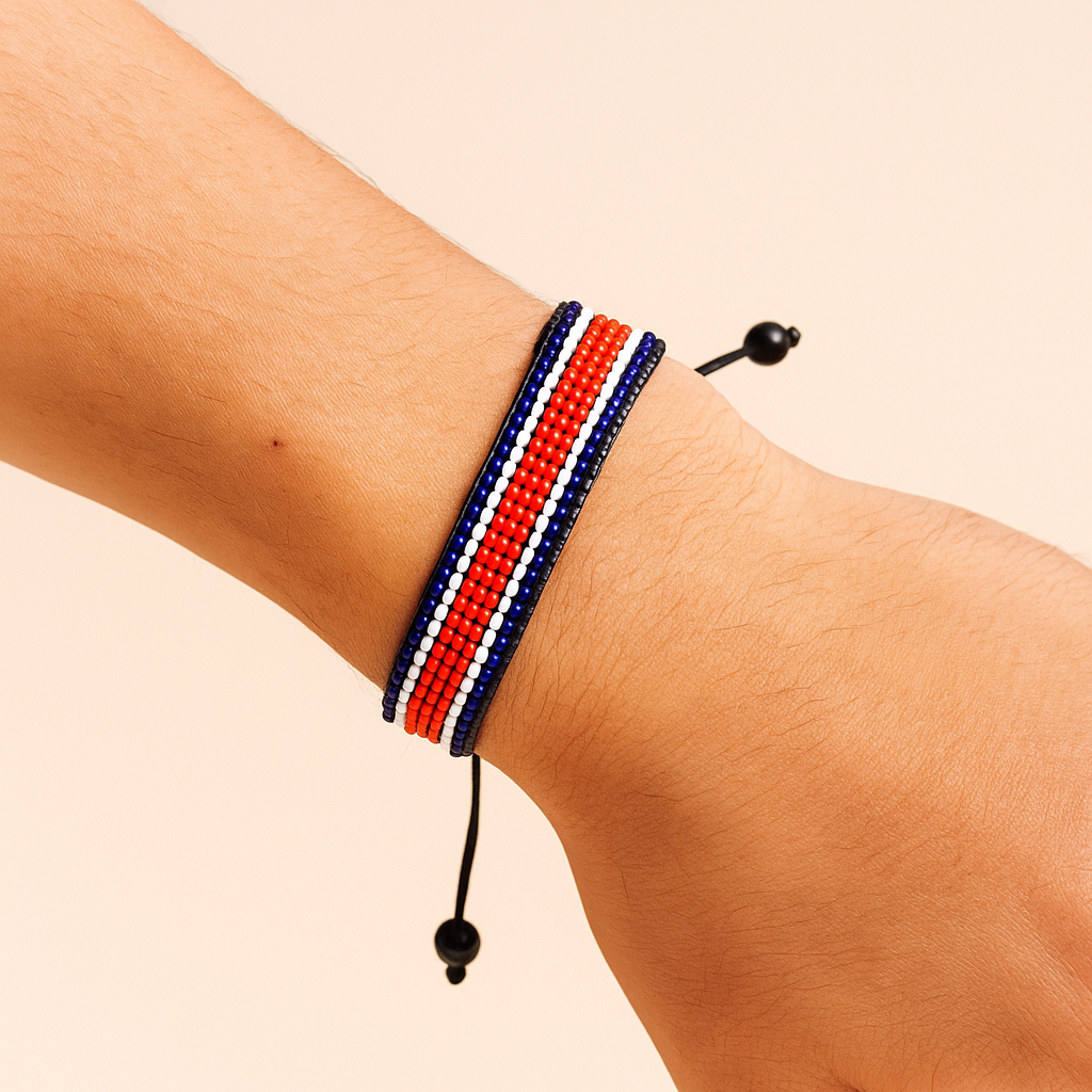 Costa Rica Flag Bracelet: Handmade Bracelet with Adjustable Beaded Wristband