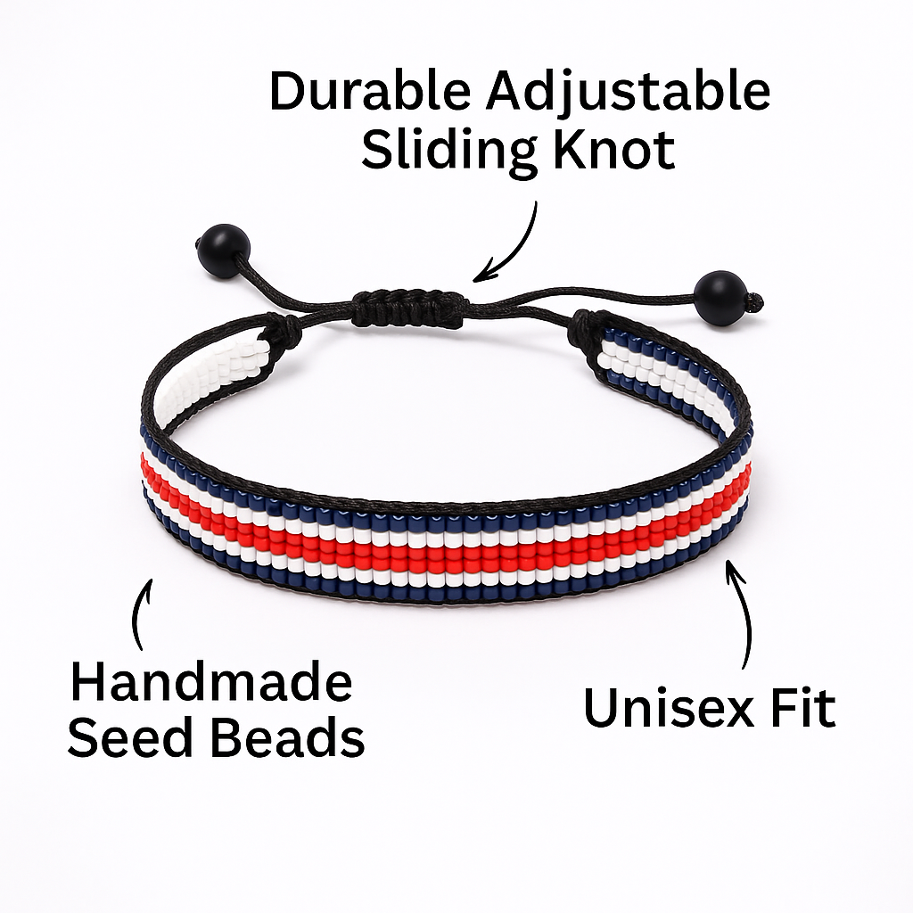 Costa Rica Flag Bracelet: Handmade Bracelet with Adjustable Beaded Wristband