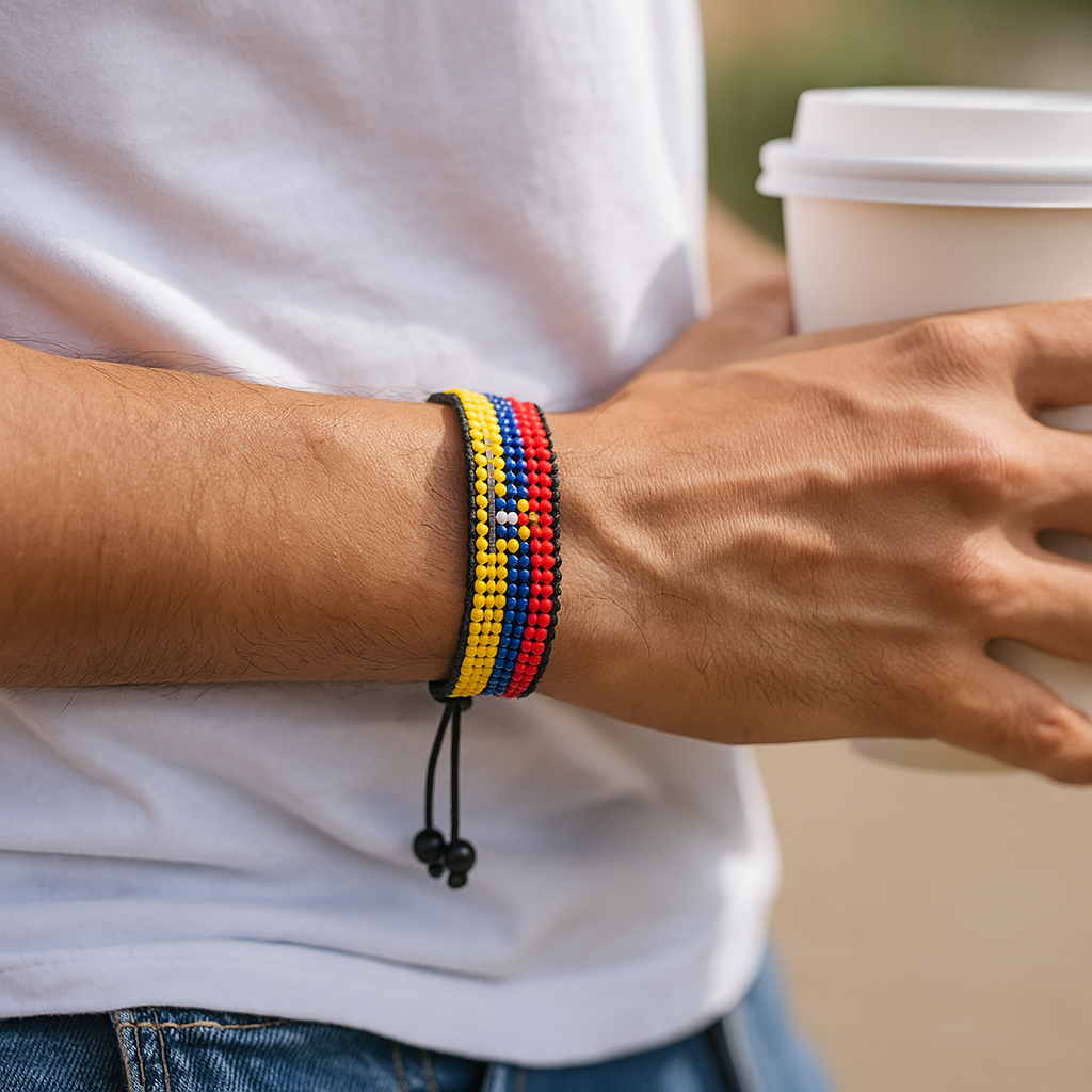 Ecuador Flag Bracelet: Handmade Adjustable Beaded Wristband