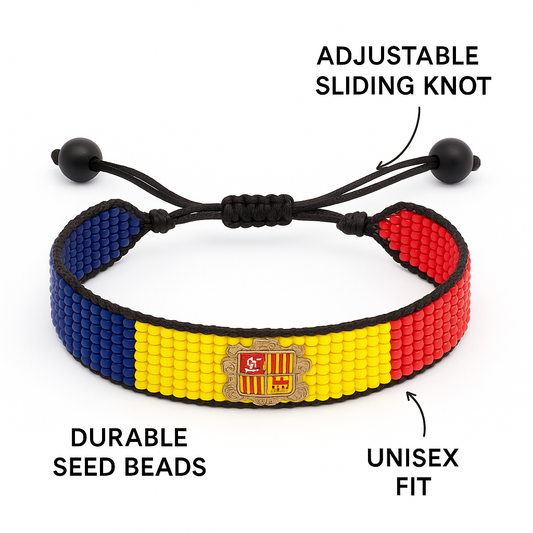 Andorra Flag Bracelet: Handmade Bracelet | Adjustable Beaded String |  Boho Style | Unisex Patriotic Design Gift