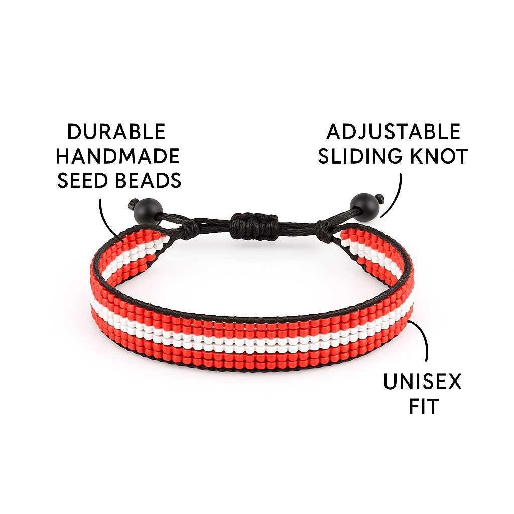 Austria Flag Bracelet:  Handmade, Adjustable String Beaded Wristband