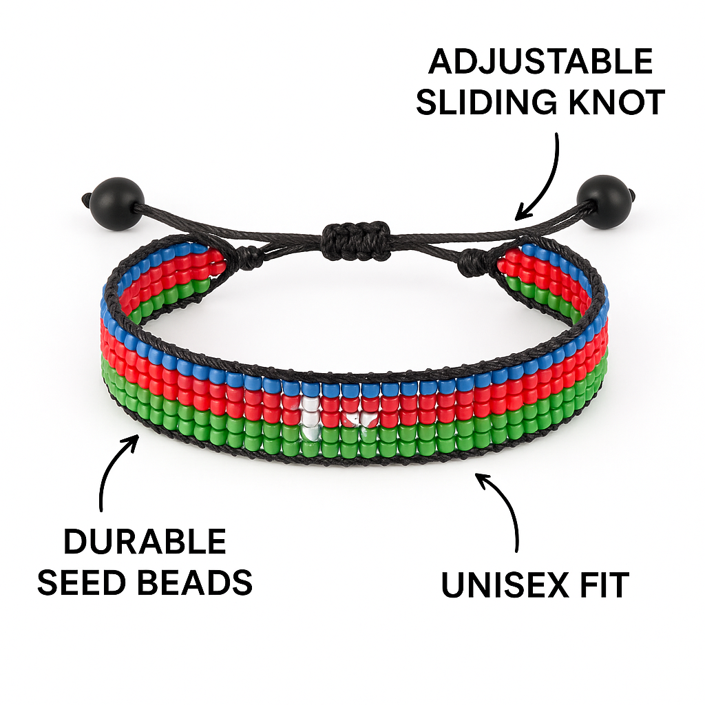 Azerbaijan Flag Bracelet: Handmade, Adjustable String Beaded Wristband