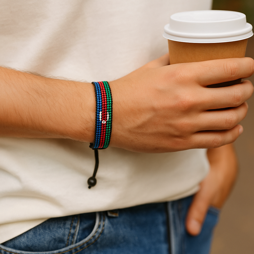 Azerbaijan Flag Bracelet: Handmade, Adjustable String Beaded Wristband