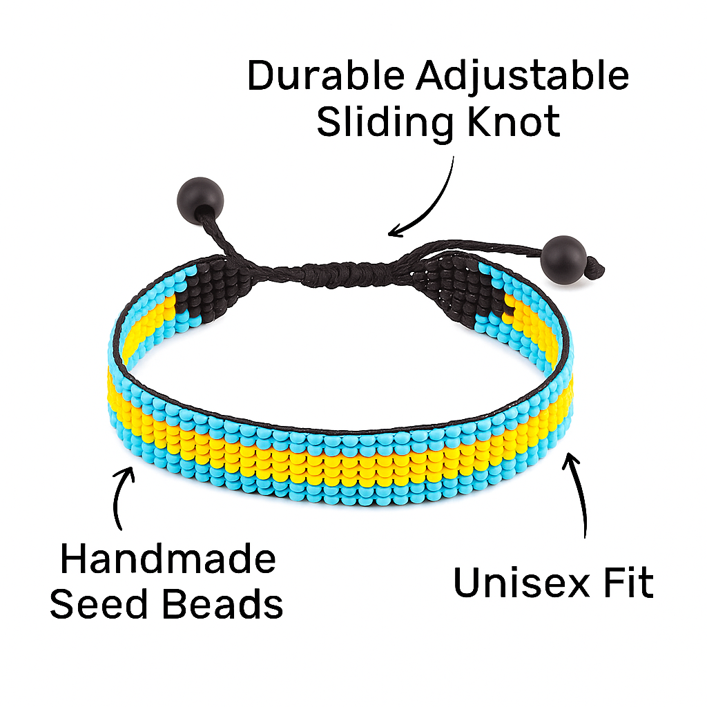 Bahamas Flag Bracelet: Handmade Bracelet, Adjustable Beaded String with Patriotic Design.