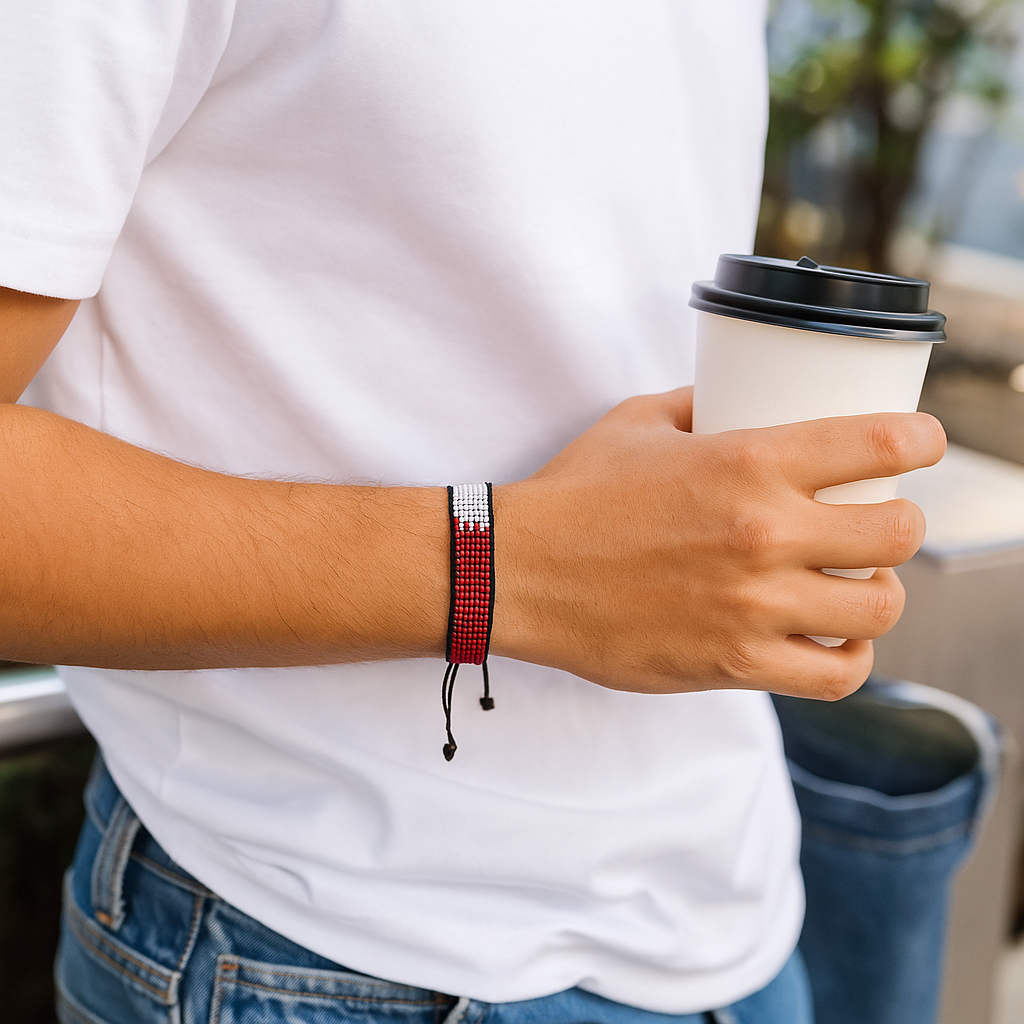 Bahrain Flag Bracelet: Handmade Beaded, with Adjustable String