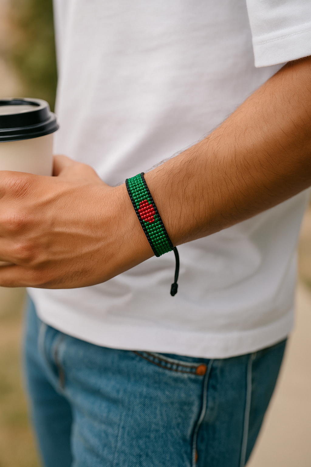 Bangladesh Flag Bracelet: Handmade Beaded, Adjustable String Bracelet
