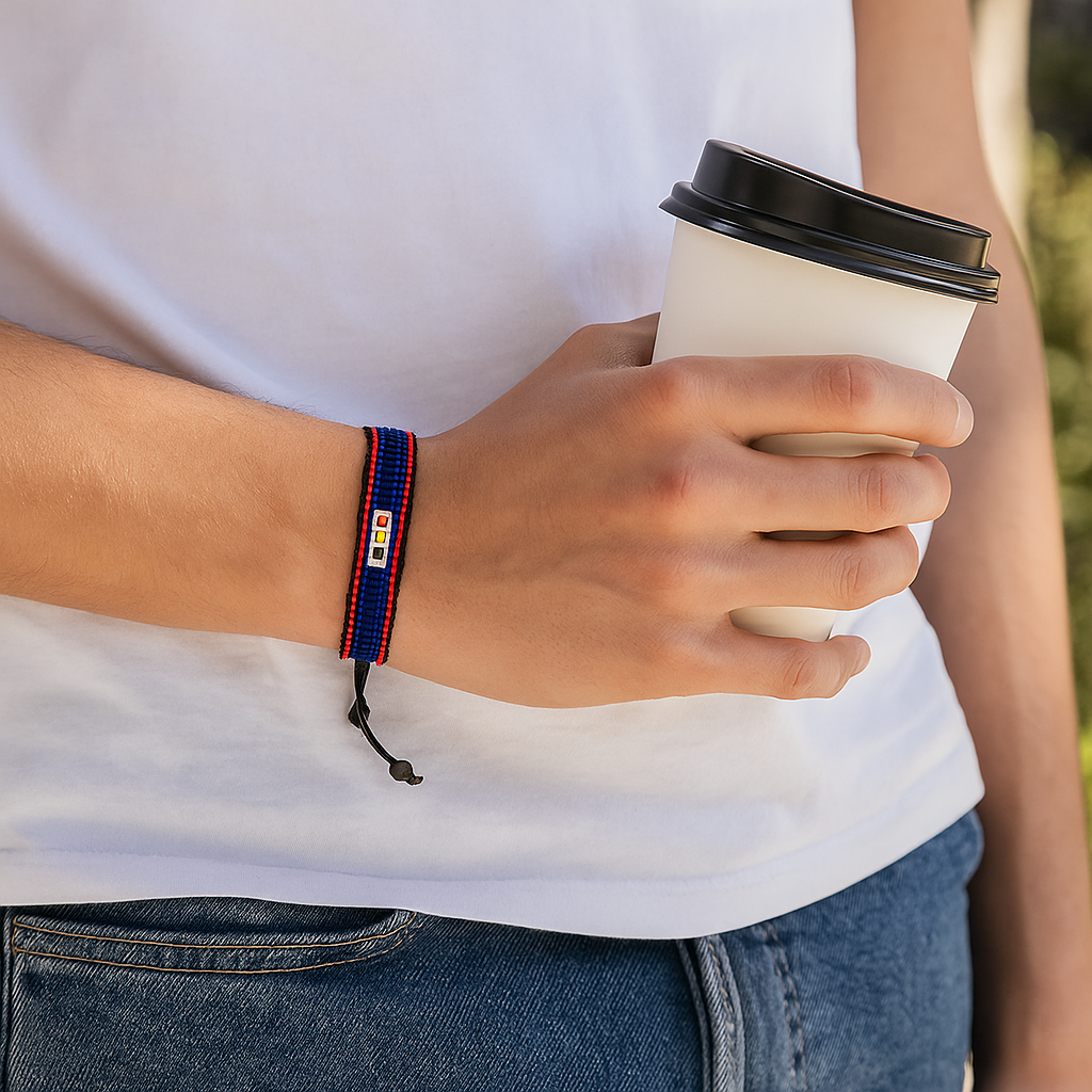 Belize Flag Bracelet: Handmade, with Adjustable Beaded String.