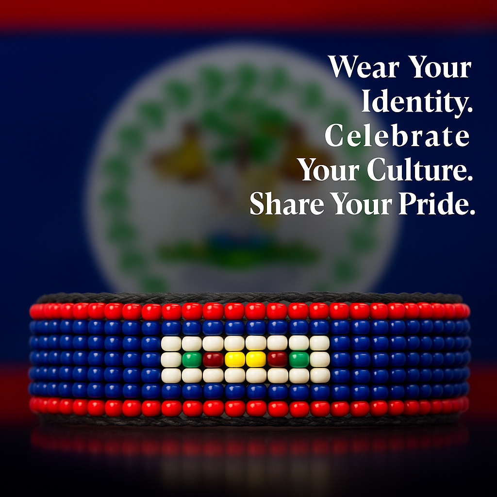 Belize Flag Bracelet: Handmade, with Adjustable Beaded String.