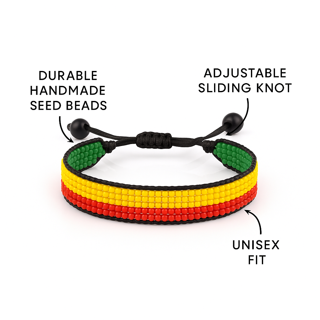 Benin Flag Bracelet: Handmade Bracelet, with Adjustable Beaded String.