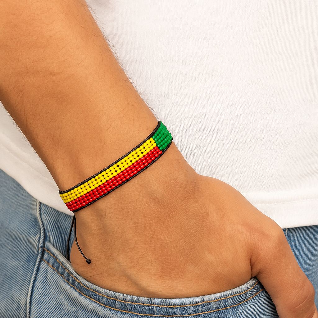 Benin Flag Bracelet: Handmade Bracelet, with Adjustable Beaded String.