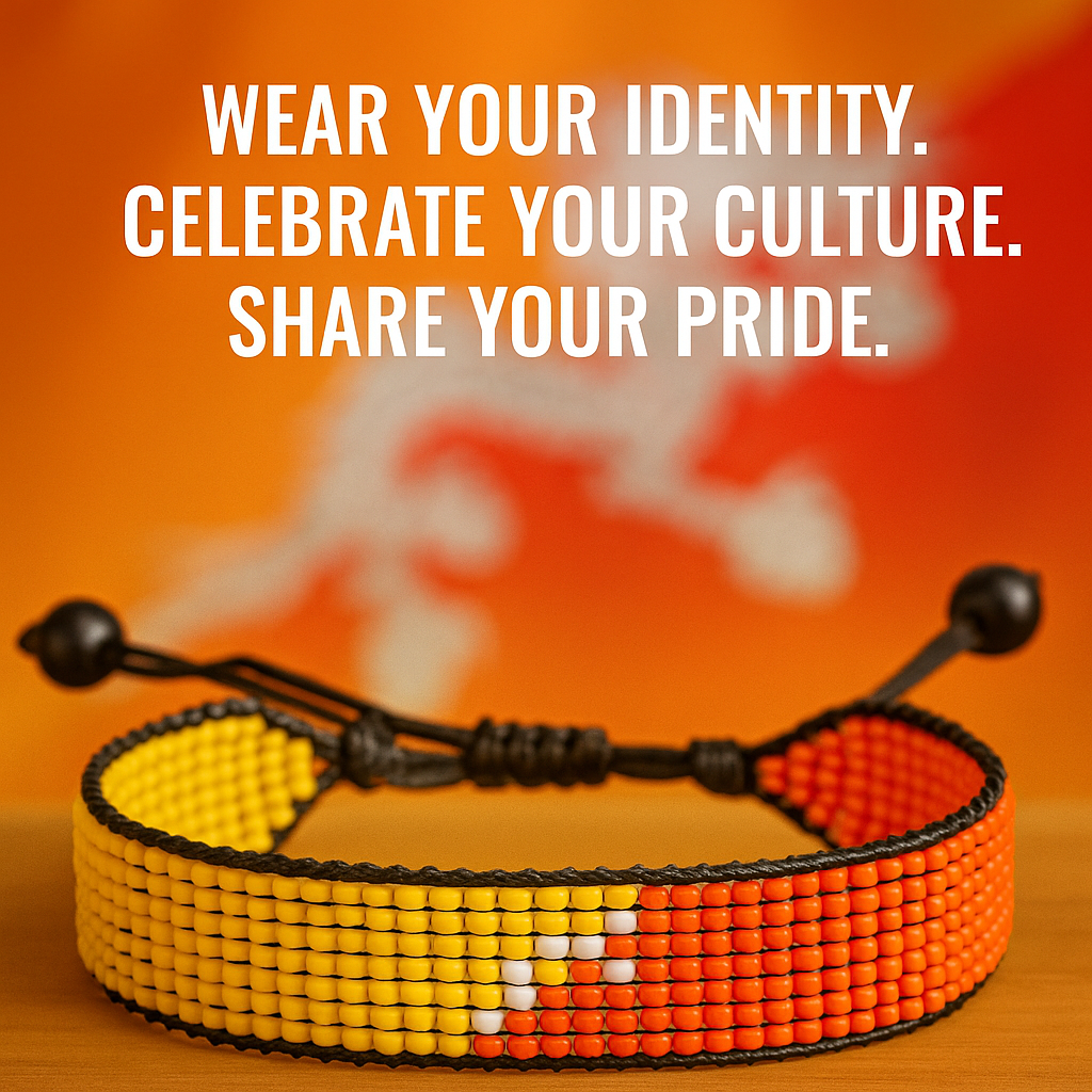 Bhutan Flag Bracelet: Handmade Bracelet, Adjustable Beaded String with Patriotic Design