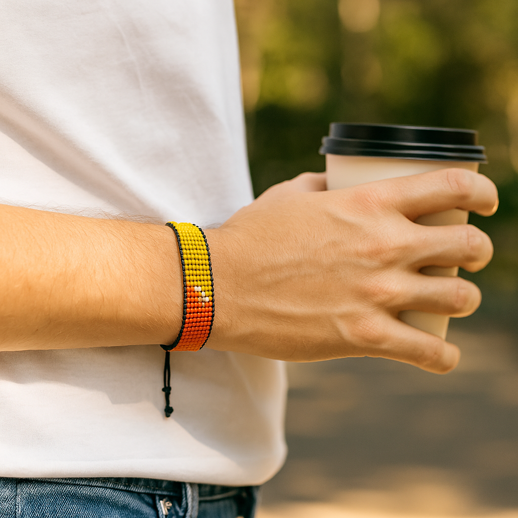 Bhutan Flag Bracelet: Handmade Bracelet, Adjustable Beaded String with Patriotic Design