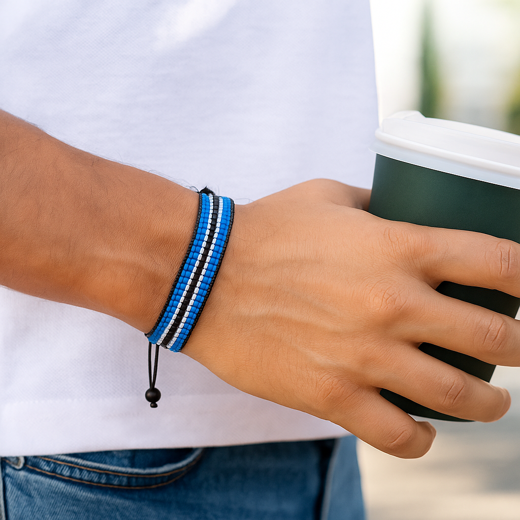 Botswana Flag Bracelet: Handmade Bracelet with Adjustable Beaded String Wristband