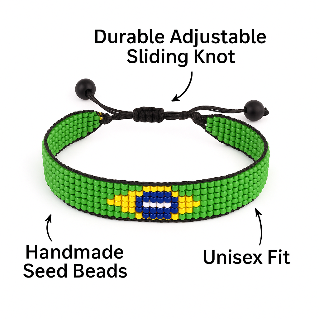 Brazil Flag Bracelet: Handmade Bracelet, Adjustable Beaded String with Patriotic Design