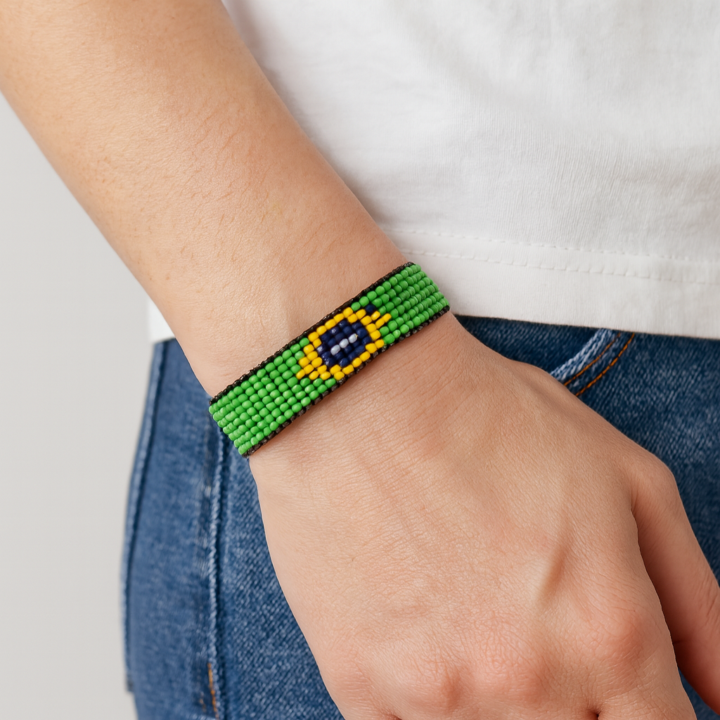 Brazil Flag Bracelet: Handmade Bracelet, Adjustable Beaded String with Patriotic Design