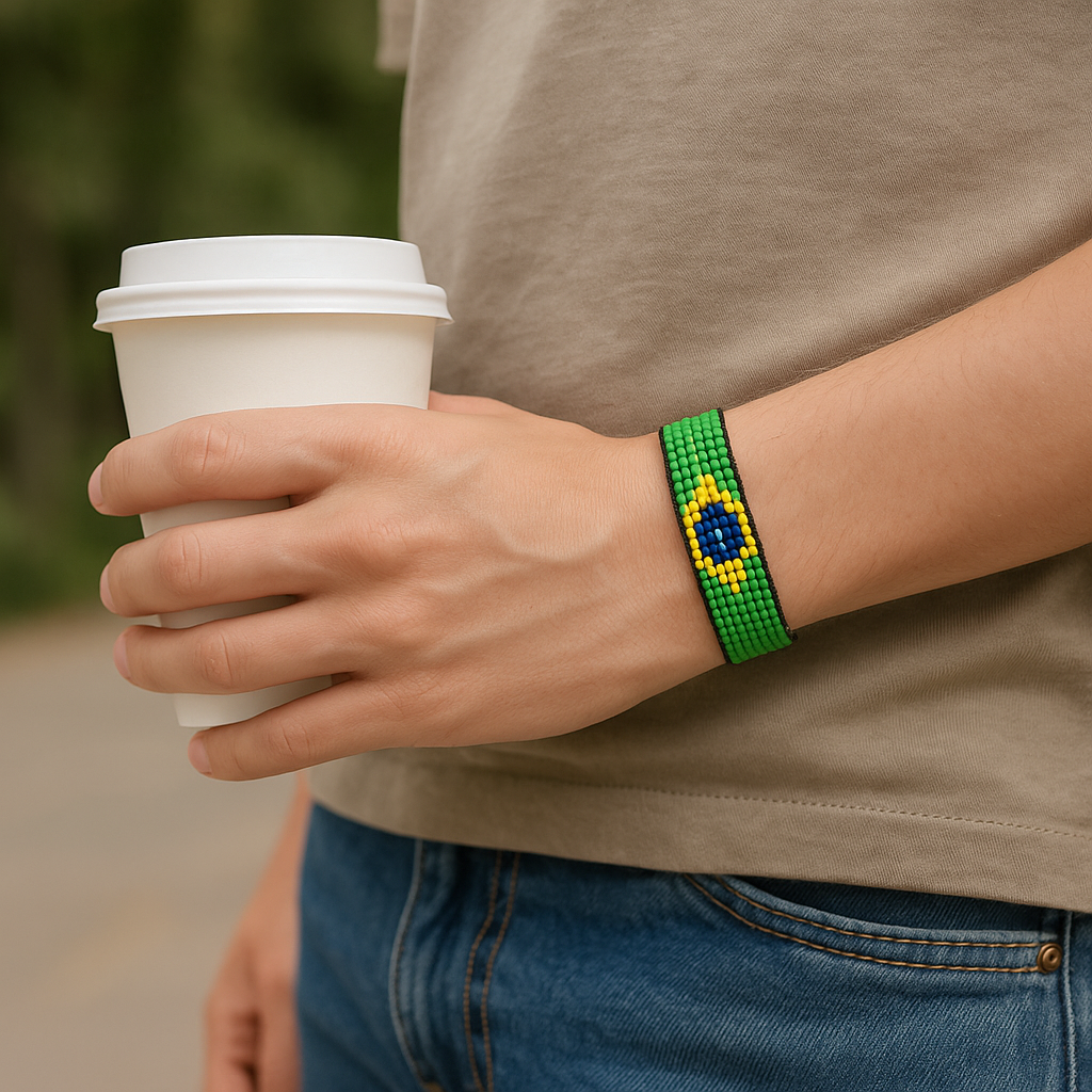 Brazil Flag Bracelet: Handmade Bracelet, Adjustable Beaded String with Patriotic Design