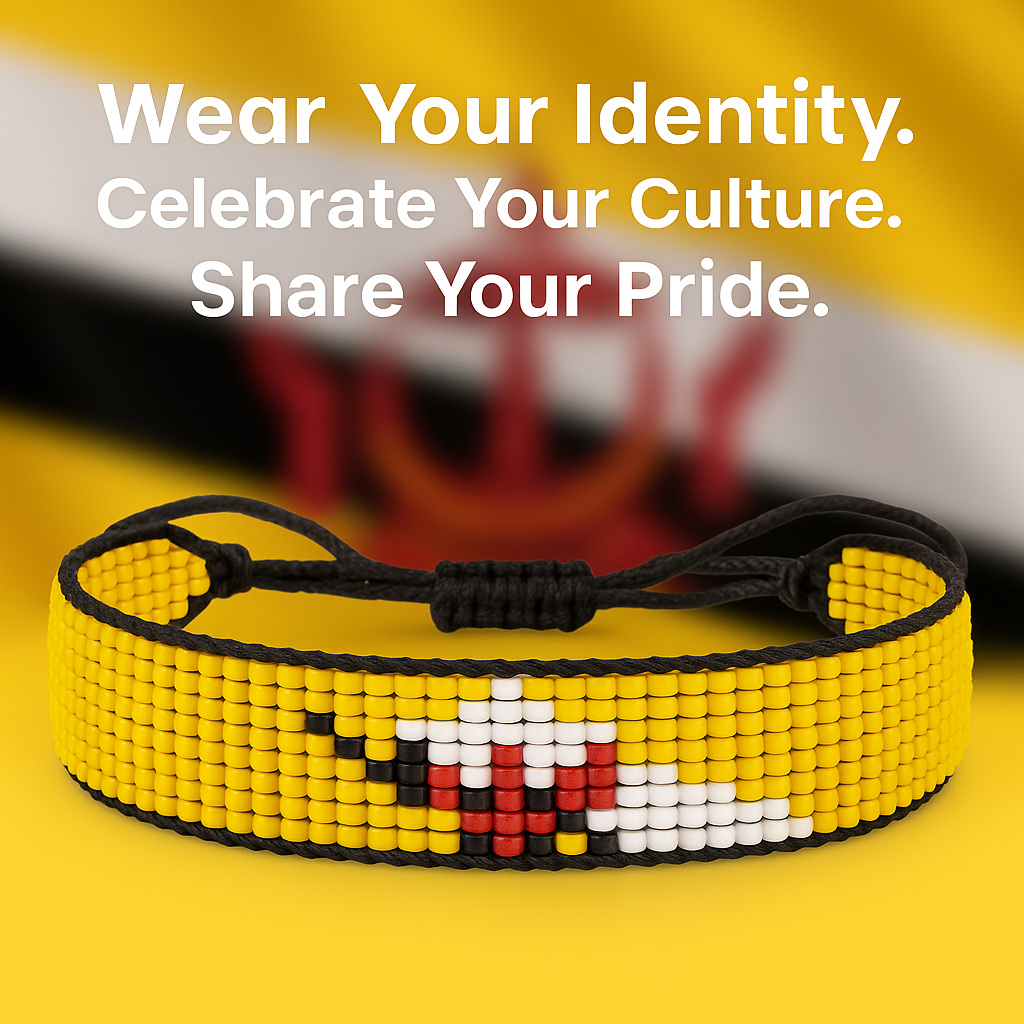 Brunei Darussalam Flag Bracelet:  Handmade, Adjustable Beaded String Wristband
