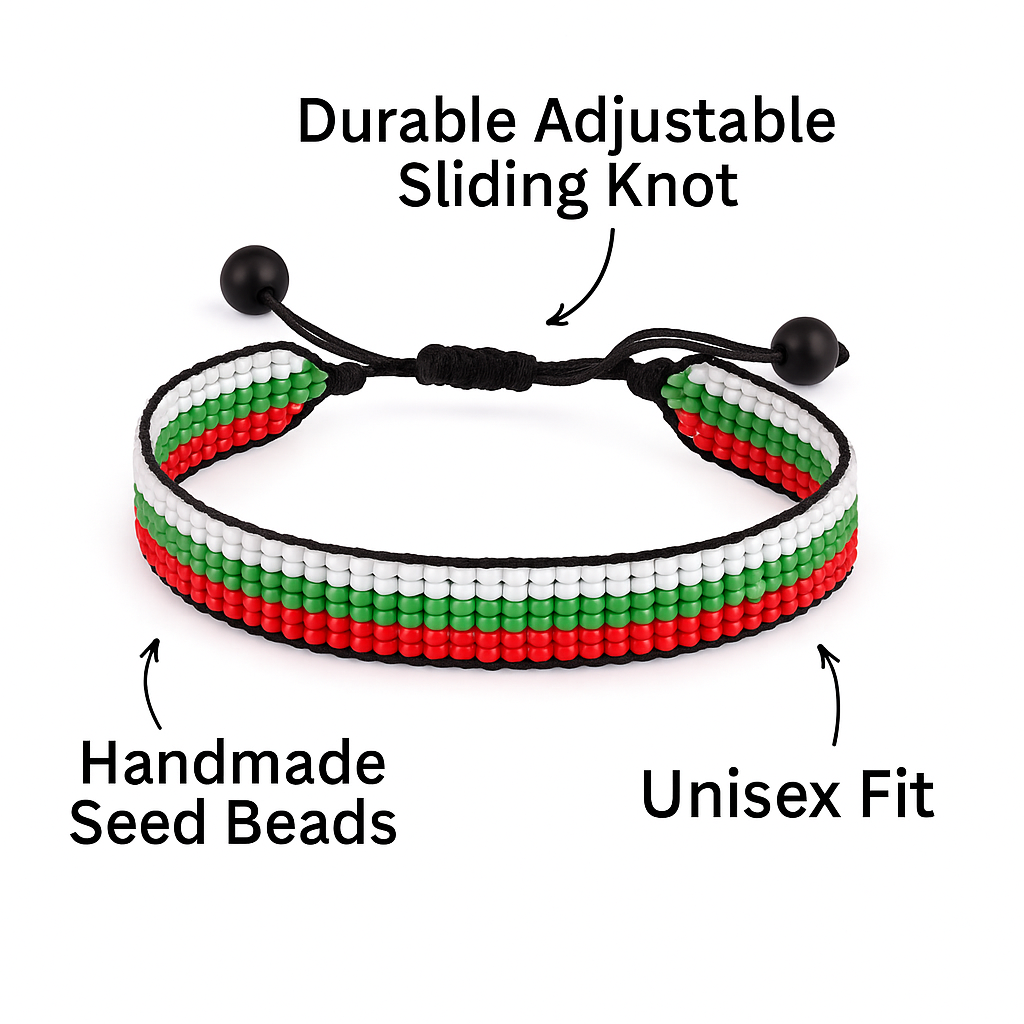 Bulgaria Flag Bracelet:  Handmade, Adjustable Beaded String Wristband