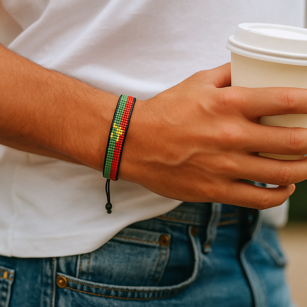 Burkina Faso Flag Bracelet:   Handmade, Adjustable Beaded String Wristband