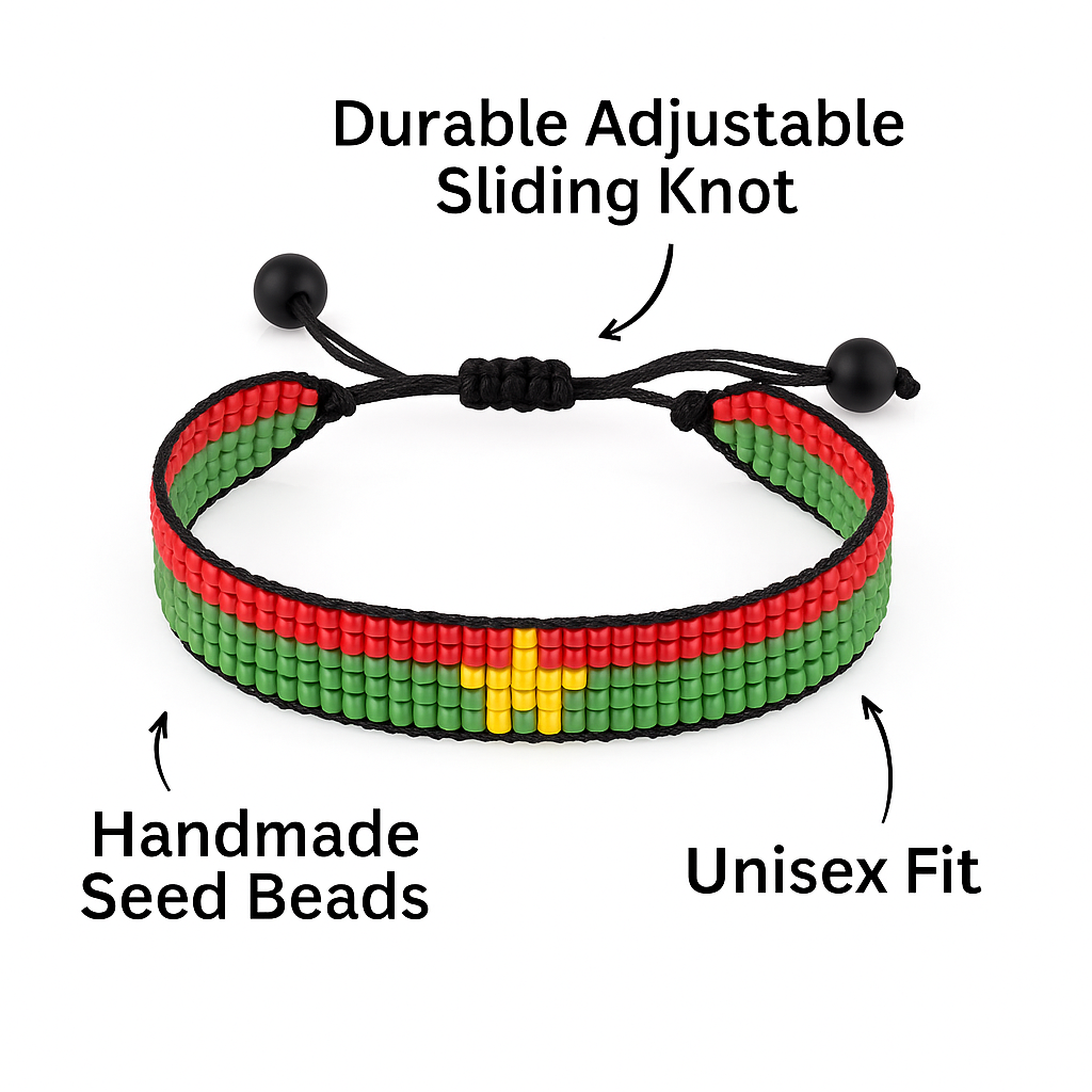 Burkina Faso Flag Bracelet:   Handmade, Adjustable Beaded String Wristband