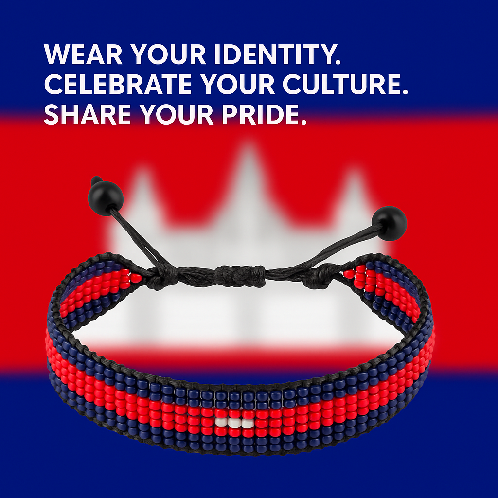 Cambodia Flag Bracelet: Handmade, Adjustable Beaded String Wristband