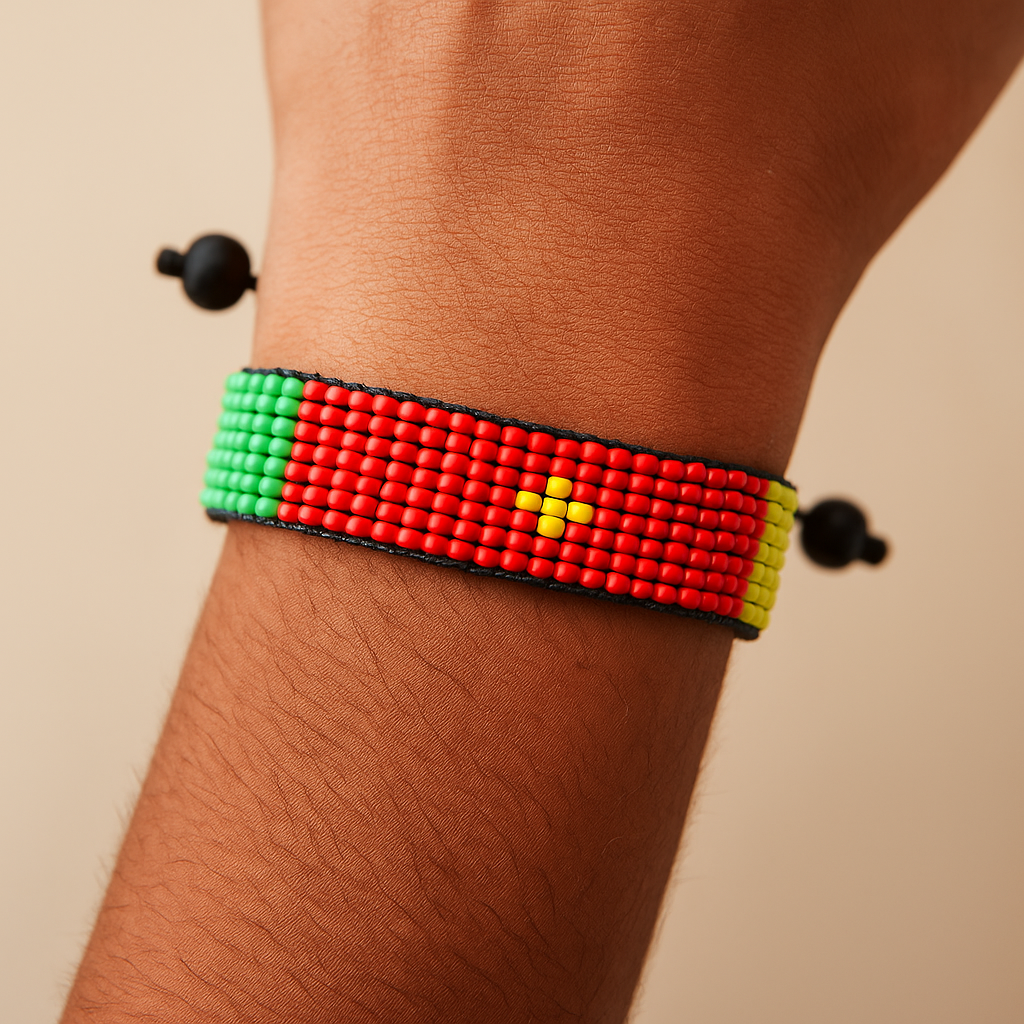 Cameroon Flag Bracelet: Handmade, Adjustable Beaded String Wristband
