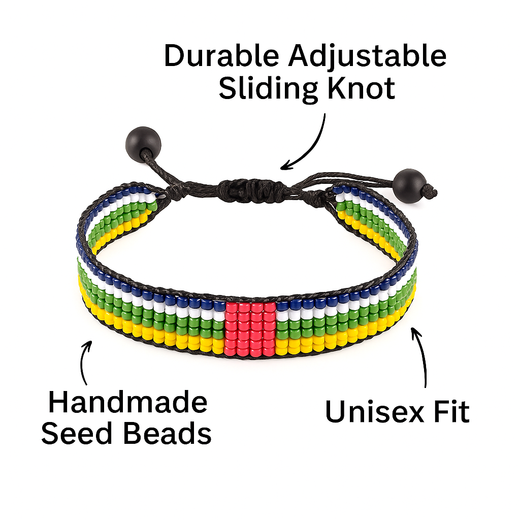 Central Africa Republic Flag Bracelet:  Handmade, Adjustable Beaded String Wristband