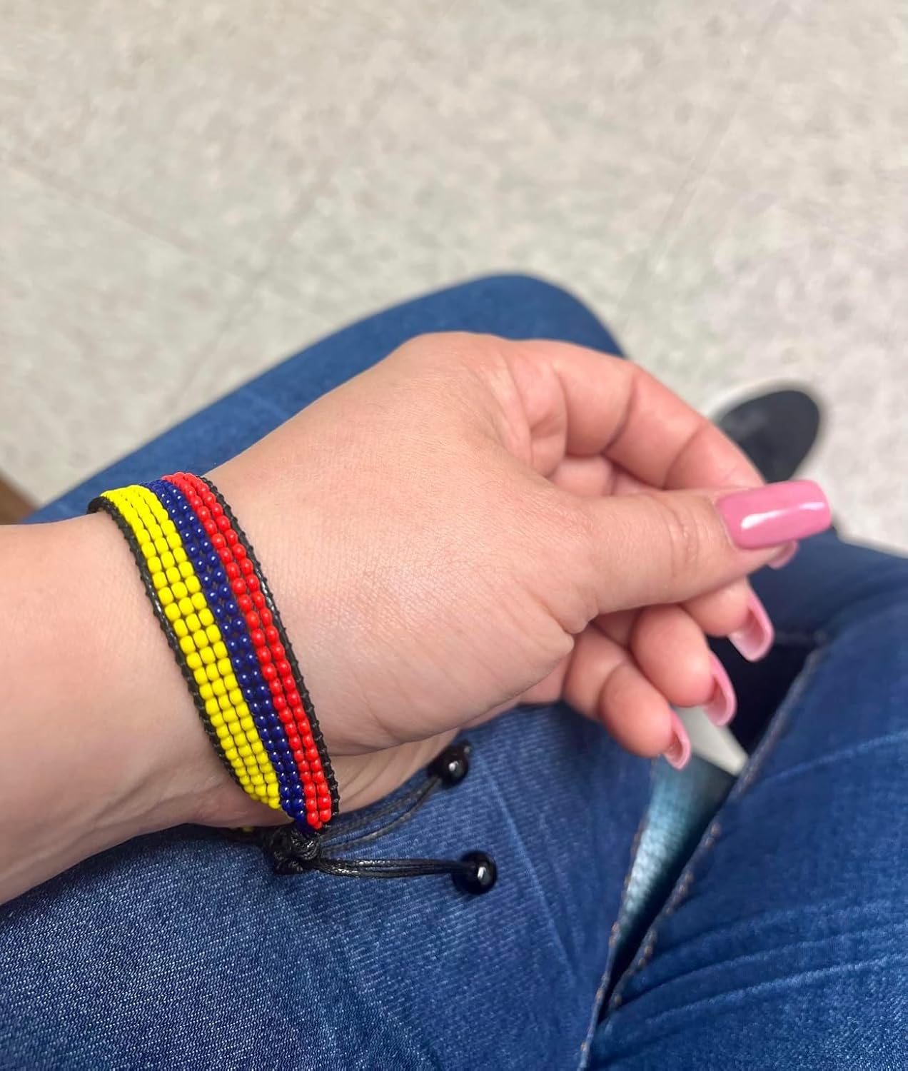 Colombia Flag Bracelet: Handmade Bracelet, Adjustable Beaded String with Patriotic Design