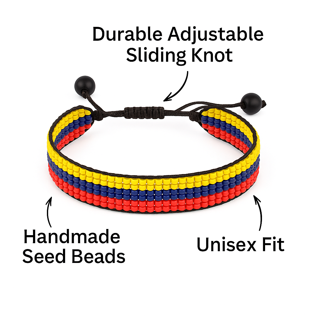 Colombia Flag Bracelet: Handmade Bracelet, Adjustable Beaded String with Patriotic Design
