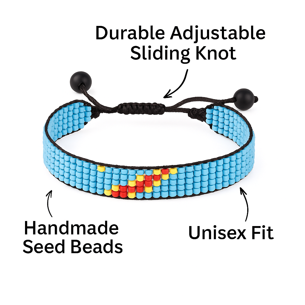 Congo Flag Bracelet:  Handmade Bracelet, Adjustable Beaded String with Patriotic Design