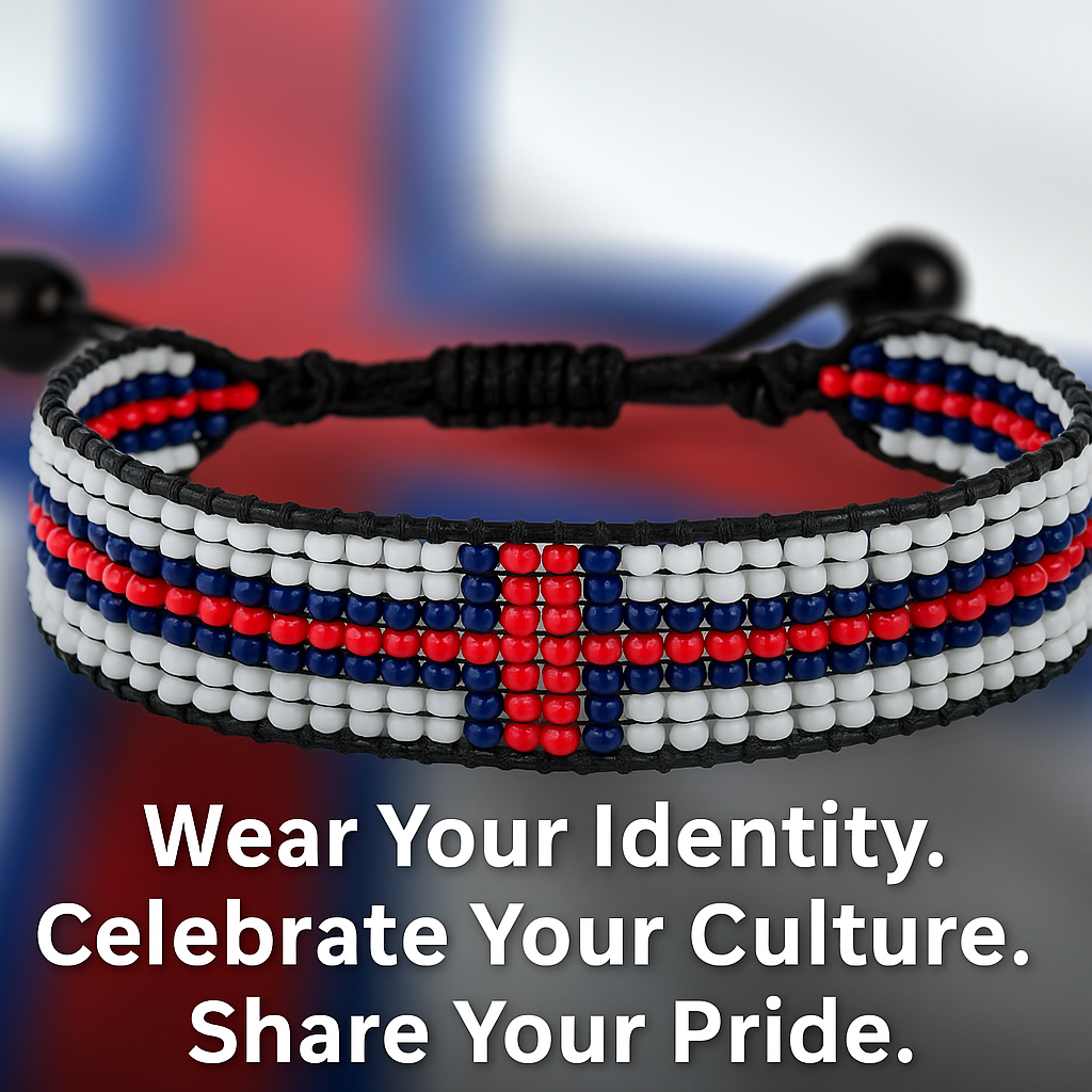 Faroe Islands Flag Bracelet: Handmade Bracelet, Adjustable Beaded Wristband