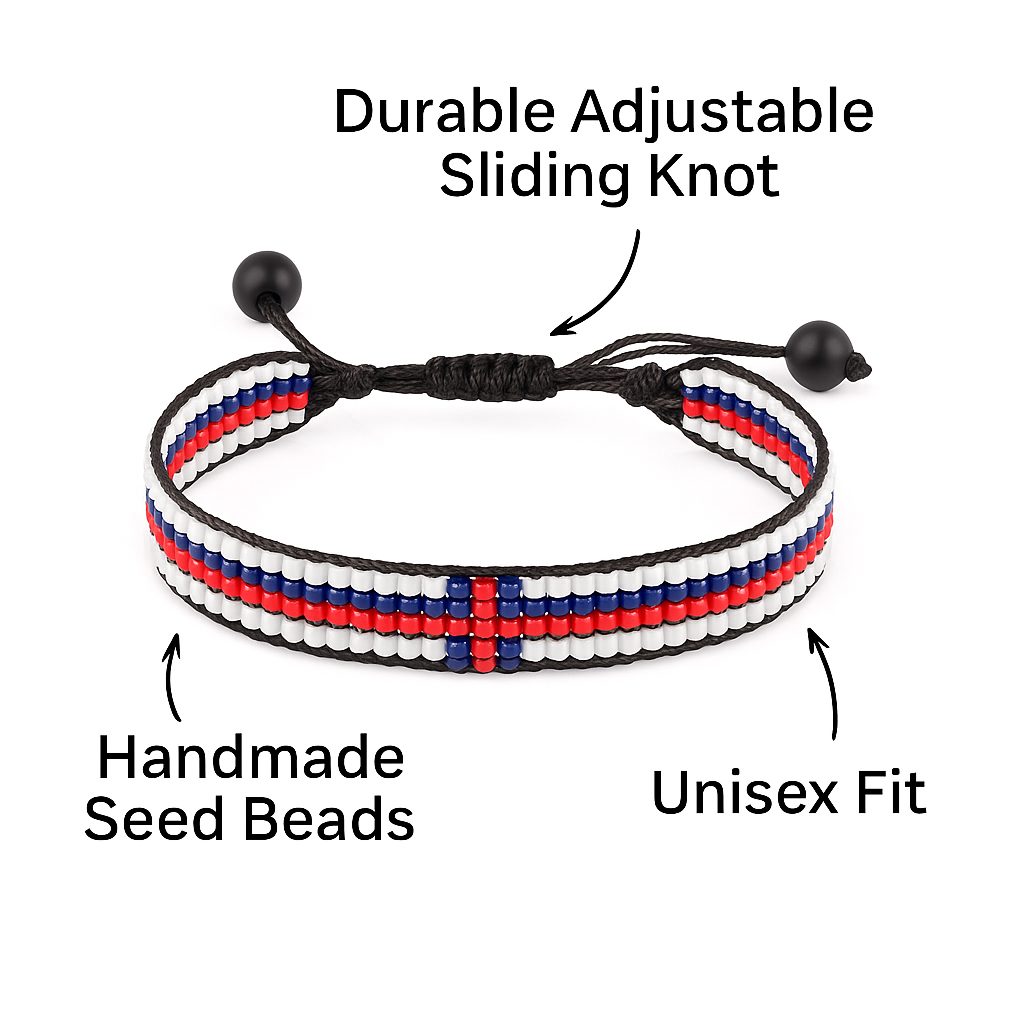 Faroe Islands Flag Bracelet: Handmade Bracelet, Adjustable Beaded Wristband