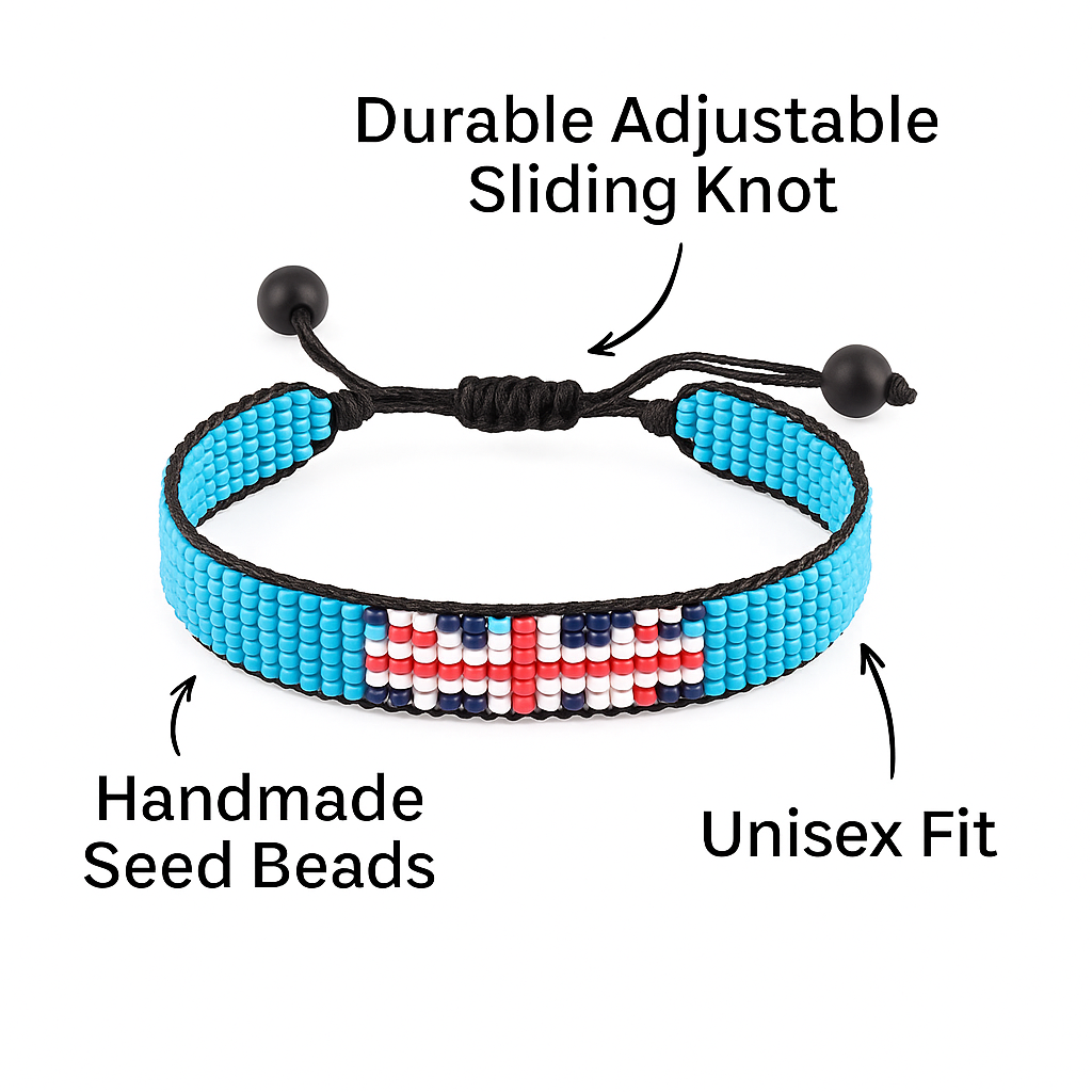 Fiji Flag Bracelet: Handmade Bracelet, Adjustable Beaded Wristband