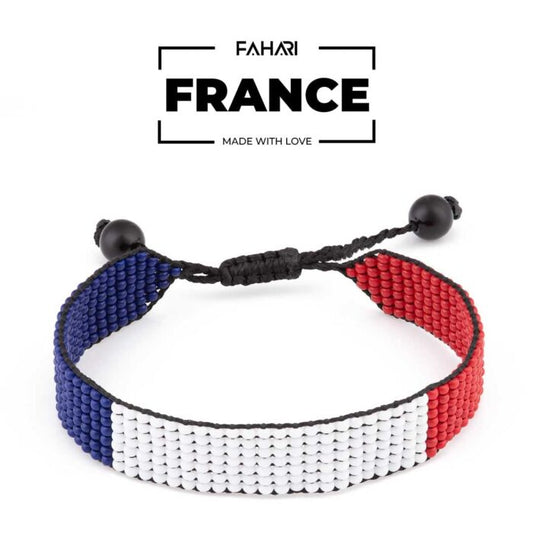 France Flag Bracelet: Handmade Bracelet, Adjustable Beaded Boho-Style Rope Bangle with Patriotic Design