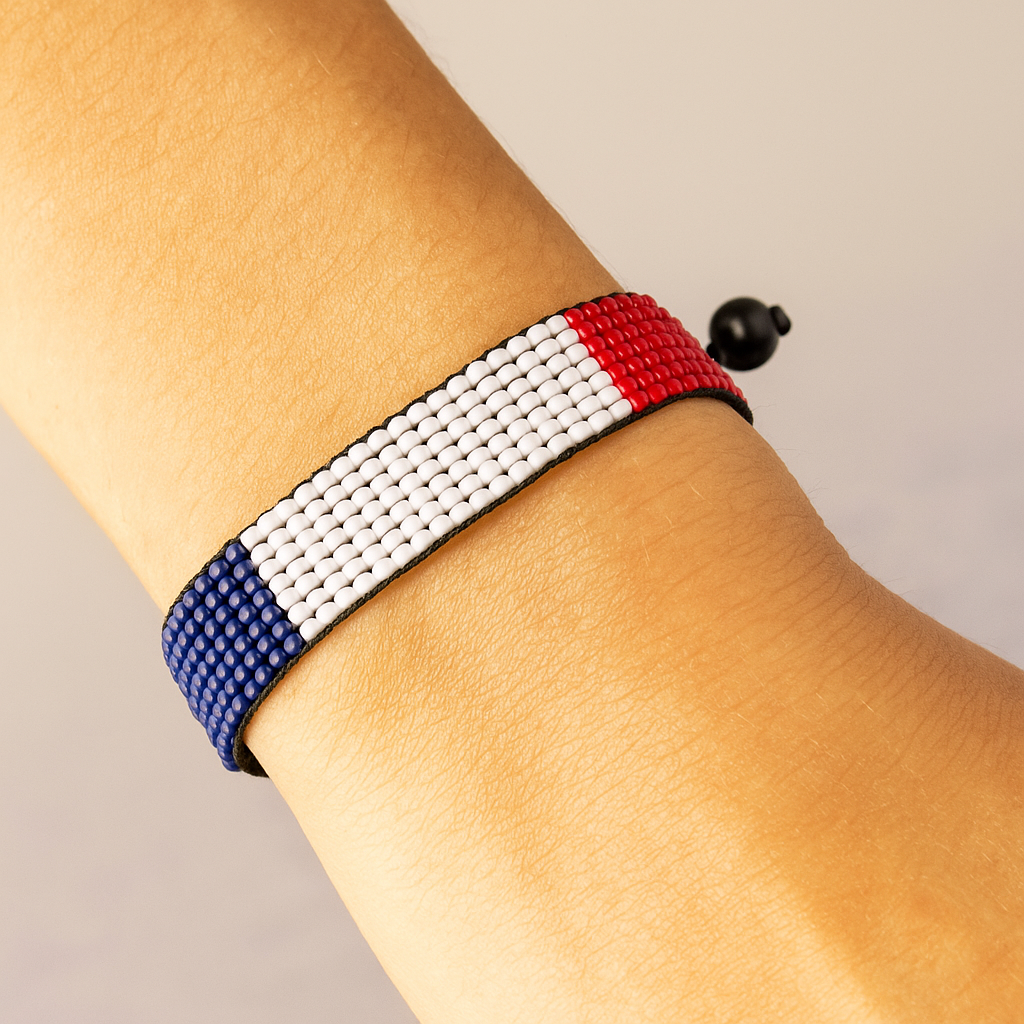 France Flag Bracelet: Handmade Bracelet, Adjustable Beaded Wristband