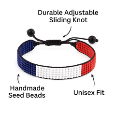 France Flag Bracelet: Handmade Bracelet, Adjustable Beaded Wristband