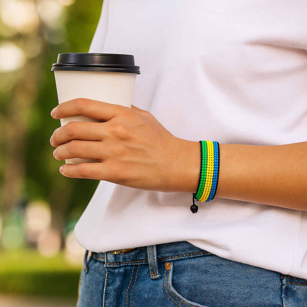 Gabon Flag Bracelet: Handmade Bracelet, Adjustable Beaded Wristband