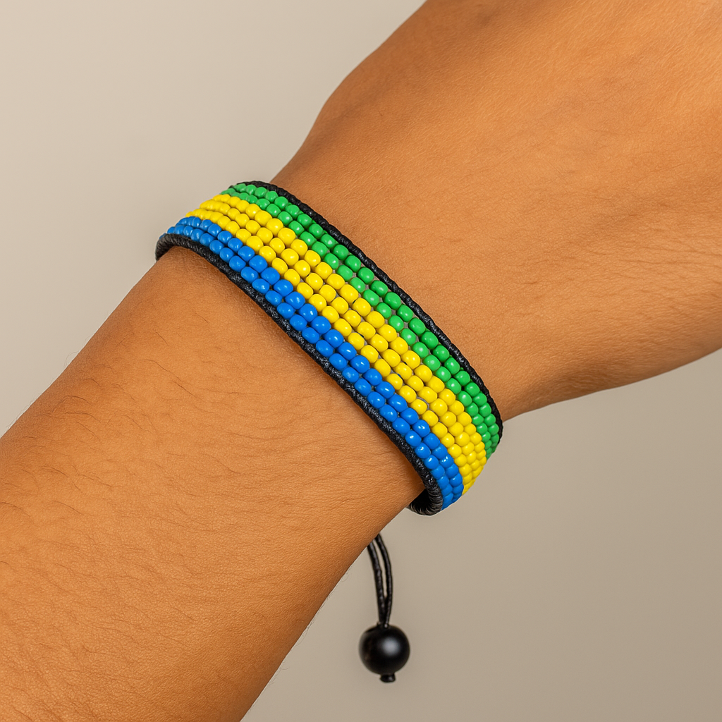 Gabon Flag Bracelet: Handmade Bracelet, Adjustable Beaded Wristband