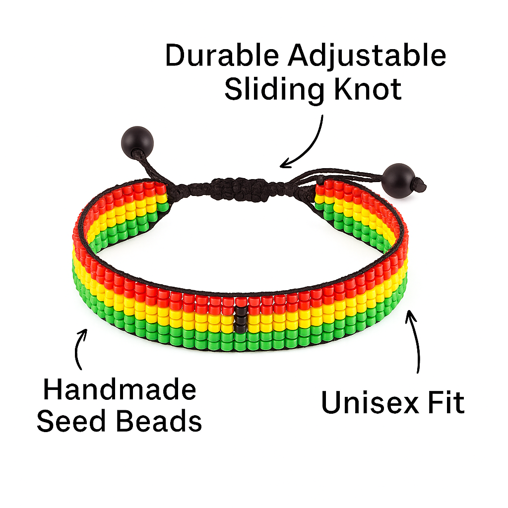 Ghana Flag Bracelet: Handmade Bracelet, Adjustable Beaded Wristband