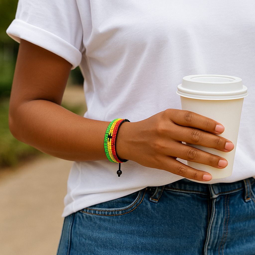 Ghana Flag Bracelet: Handmade Bracelet, Adjustable Beaded Wristband
