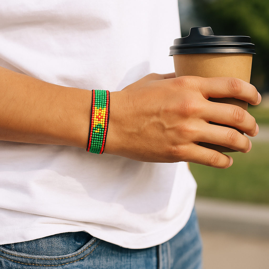 Grenada Flag Bracelet: Handmade Bracelet, Adjustable Beaded Wristband
