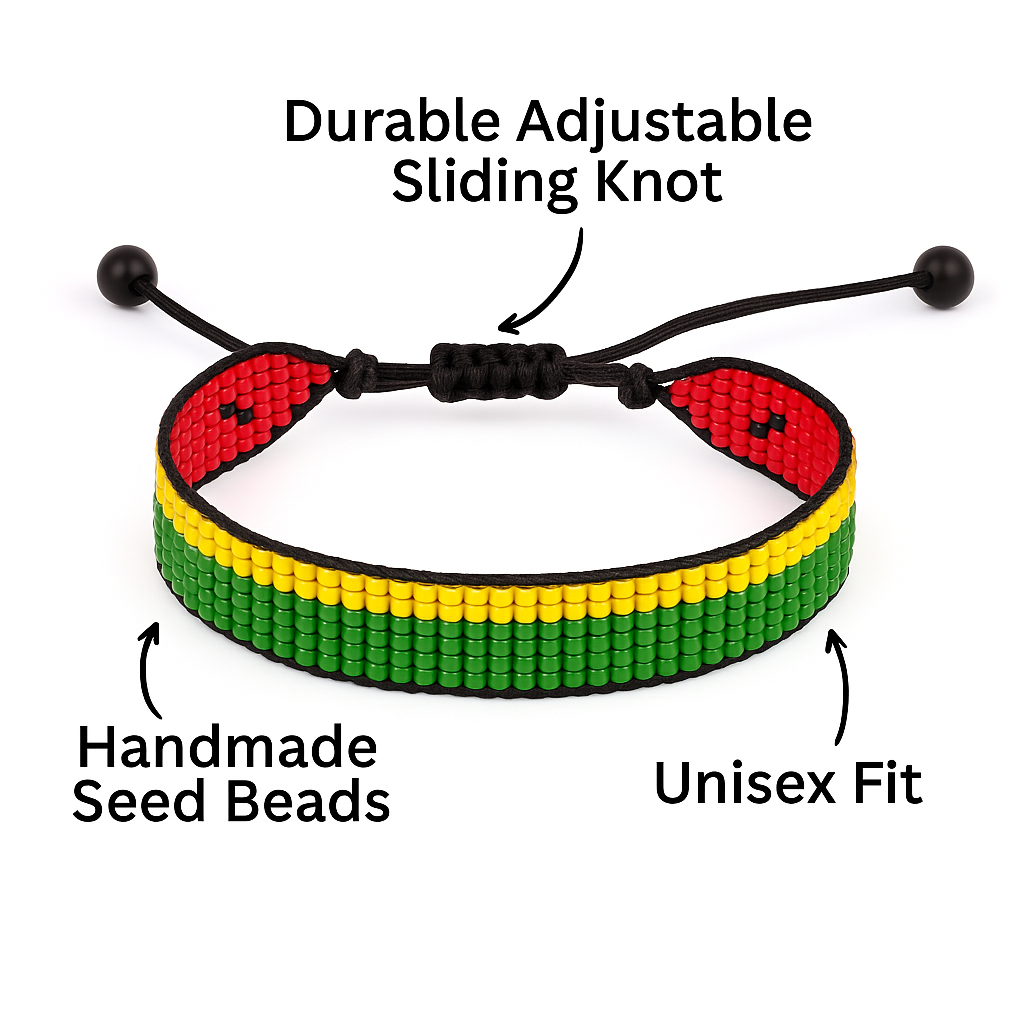 Guinea-Bissau Flag Bracelet:  Handmade Bracelet, Adjustable Beaded Wristband