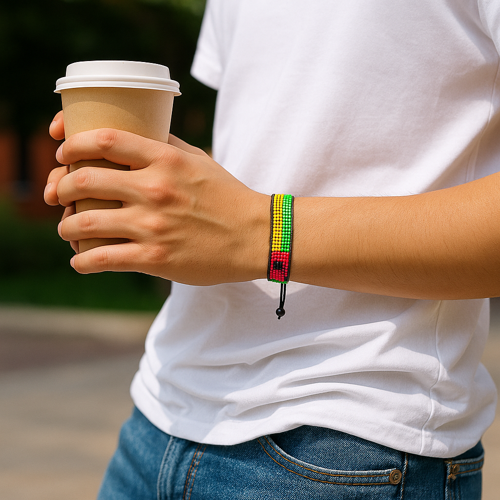 Guinea-Bissau Flag Bracelet:  Handmade Bracelet, Adjustable Beaded Wristband
