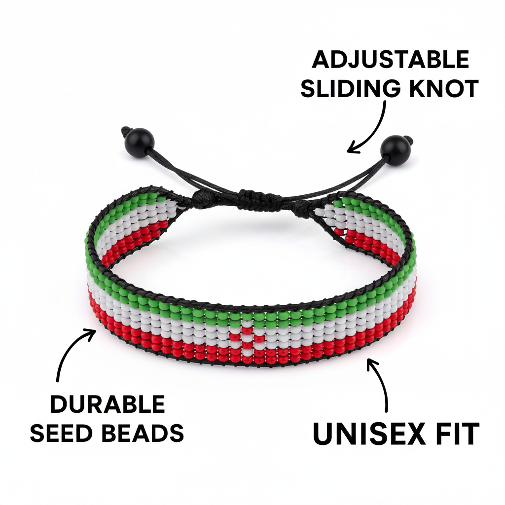 Iran Flag Bracelet: Handmade, Adjustable String Beaded Wristband