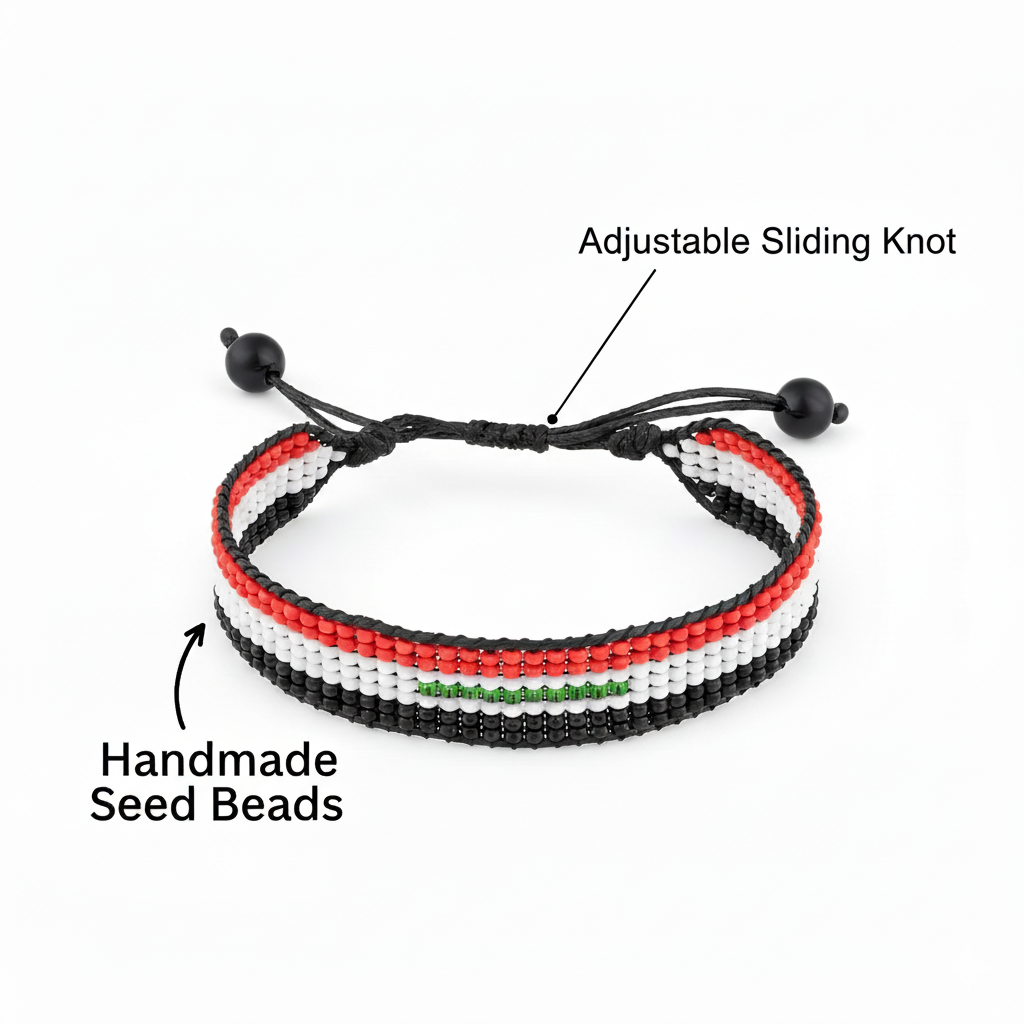 Iraq Flag Bracelet: Handmade, Adjustable Beaded Wristband.