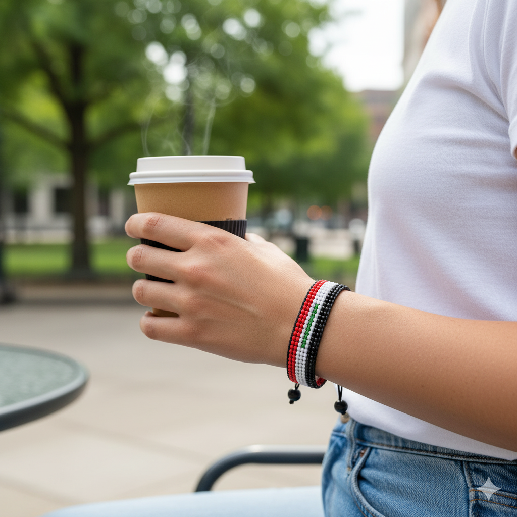 Iraq Flag Bracelet: Handmade, Adjustable Beaded Wristband.