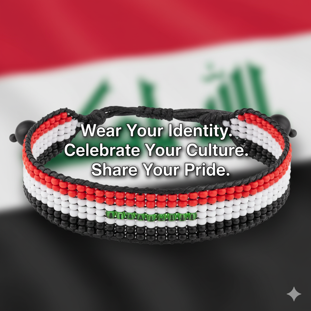Iraq Flag Bracelet: Handmade, Adjustable Beaded Wristband.
