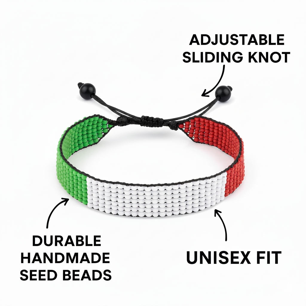 Italy Flag Bracelet: Handmade Adjustable Beaded Wristband.